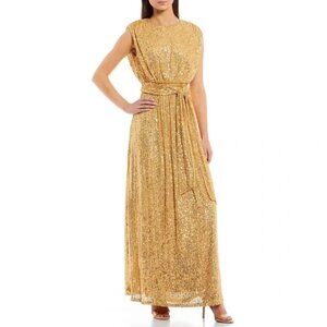 LDT Ivy Goddess Gold Sequin Maxi Dress Size 2 Tie Waist Formal Wedding Event